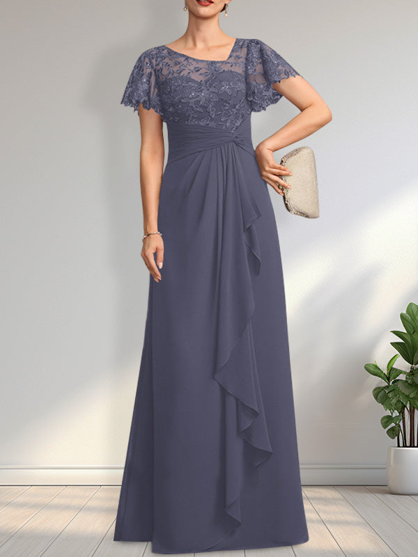 Vestido de madre de la novia de gasa con encaje, ilusión asimétrica, largo hasta el suelo, con volantes en cascada y lentejuelas. 