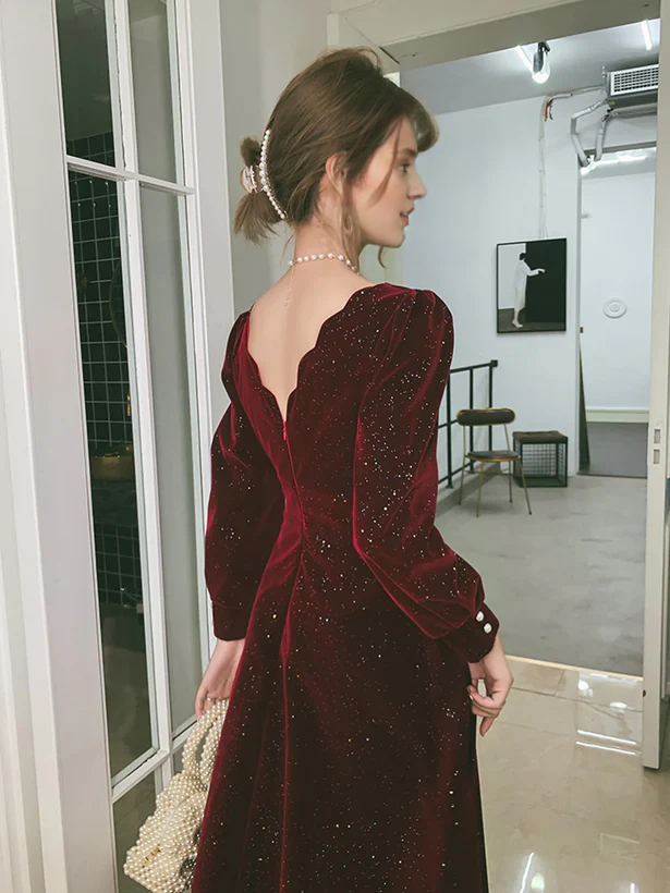 Vestido de fiesta de terciopelo con mangas largas y escote en V, vestido de graduación y vestido de noche