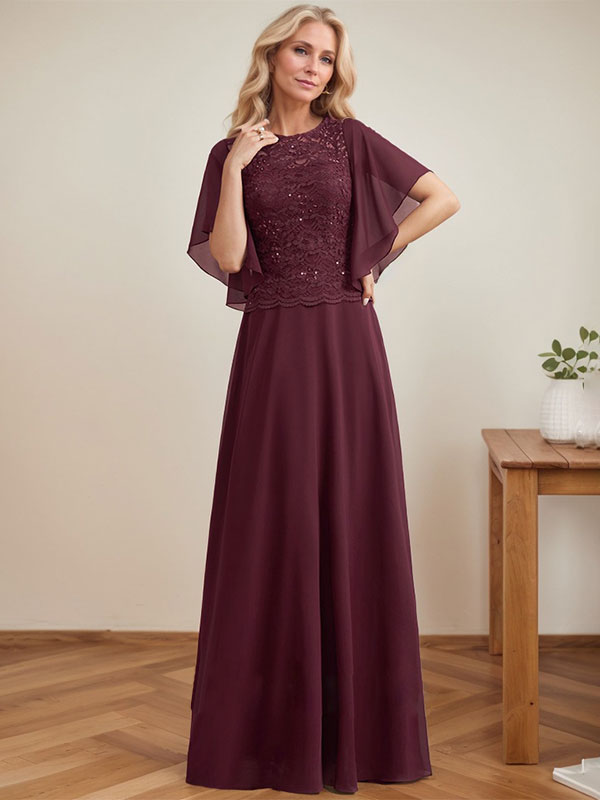 A-Linien-Kleid mit Rundhalsausschnitt, Illusion-Effekt, bodenlang, aus Chiffon und Spitze mit Pailletten – das perfekte Brautmutterkleid 