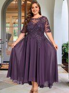 A-Linien-Kleid mit asymmetrischem Chiffon-Spitzenausschnitt und Pailletten für die Mutter der Braut 