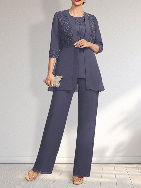 Jumpsuit/Hosenanzug-Set, bodenlanges Chiffon-Spitzenkleid mit Pailletten für die Mutter der Braut mit Rundhalsausschnitt