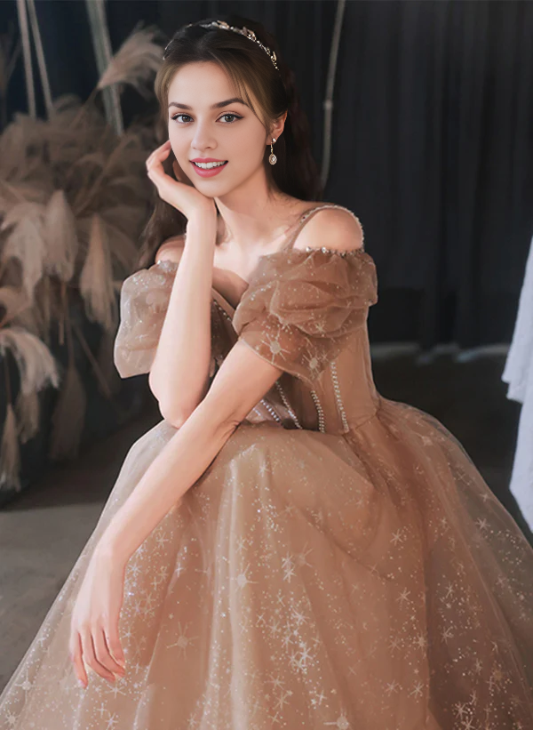 A-Linien-Prinzessinnenkleid aus glitzerndem Champagner-Tüll mit schulterfreiem Schnitt, langes Partykleid, formelles Abendkleid, Ballkleid