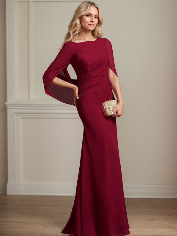 Vestido de gasa para madre de la novia con escote barco, corte trompeta/sirena, largo hasta el suelo, con pliegues 