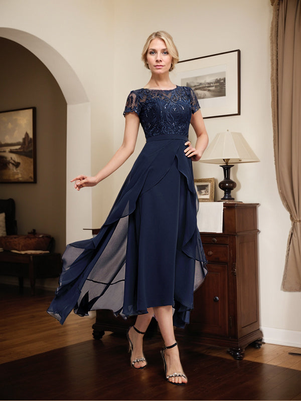 Vestido de madre de la novia de gasa asimétrica con escote en A, ilusión, encaje, lazo, volantes y lentejuelas 