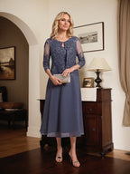 Vestido de gasa con encaje y lentejuelas para madre de la novia, corte A, escote redondo y largo hasta la rodilla 