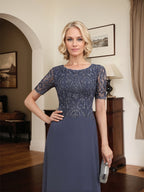 A-Linien-Kleid aus Chiffon mit Pailletten und Rundhalsausschnitt, bodenlang, für die Mutter der Braut