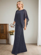 Vestido de madre de la novia de gasa con encaje, escote redondo y largo hasta el suelo, con lentejuelas y abalorios