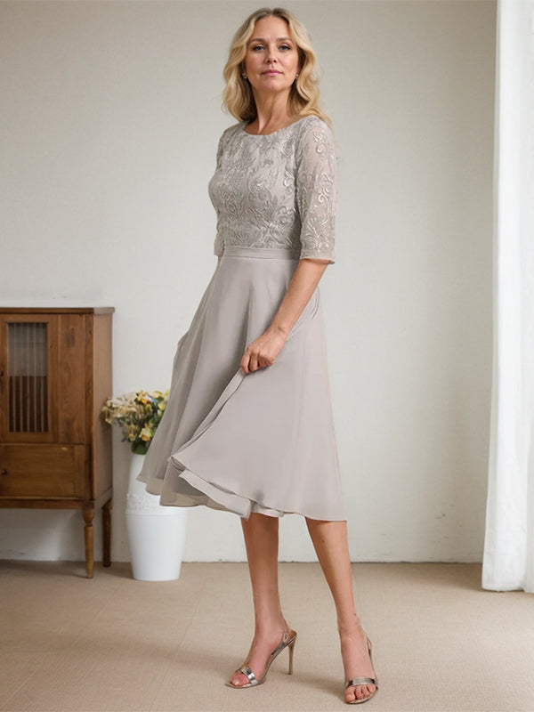 A-Linien-Kleid aus Chiffon mit Rundhalsausschnitt und knielangem Schnitt – das perfekte Kleid für die Mutter der Braut