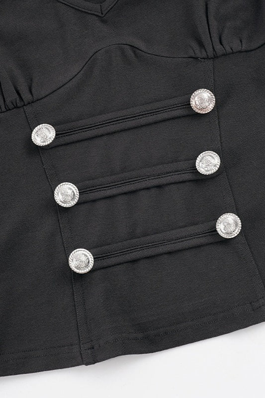 Double Button V Neck Fitted Blouse