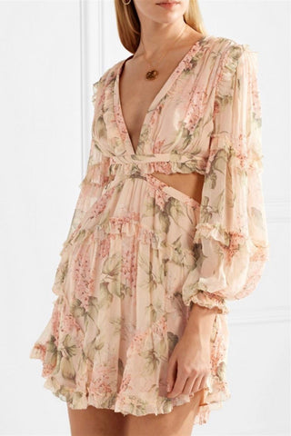 Floral Long Sleeve V-Neck Cut-Out Mini Dress