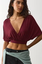 Deep V Ruched Batwing Cropped Blouse
