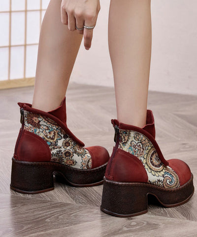 Retro-Stiefeletten mit Stickerei und klobigem Absatz in Kaffee 