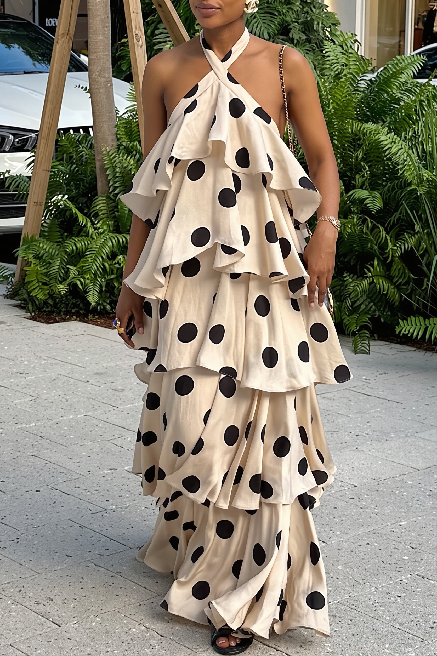 Knit Polka Dot Halter Backless Ruffle Maxi Dress