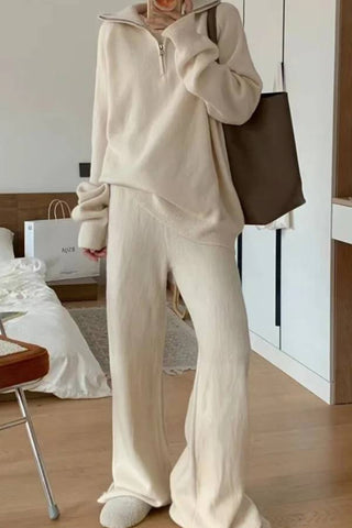 Casual Lapel Sweater and Wide-leg Pants Two-piece Suit