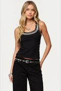 Chic Metal Stud Round Neck Fitted Tank Top