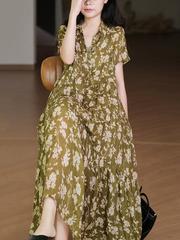 Women Summer Artsy Floral Drawstring Cardigan Ramie Dress