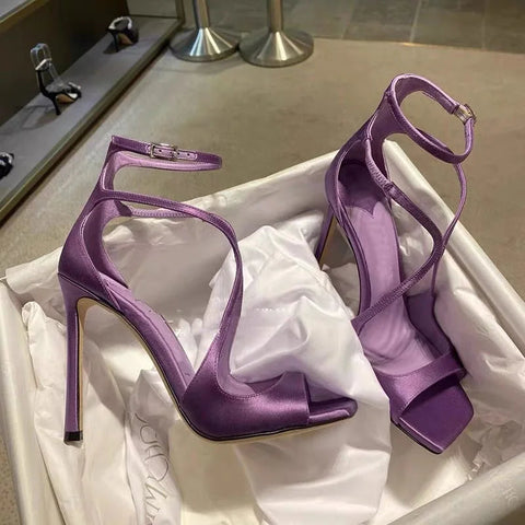 Sandalias romanas con hebilla cruzada de una línea morada para mujer, tacón fino, punta abierta, tacones altos, novedad de verano 