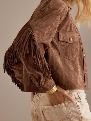 Chaqueta corta con flecos y solapa estilo vaquero occidental 