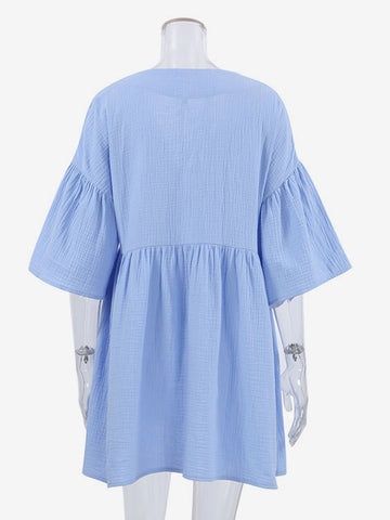 Vestido bohemio con escote en V, mangas con volantes y cinturón para playa de verano 