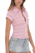 Cropped Plaid Polo Neck Button Blouse