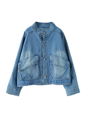 Abrigo vaquero de manga larga con cuello alto, botones y bolsillos grandes en azul de moda 