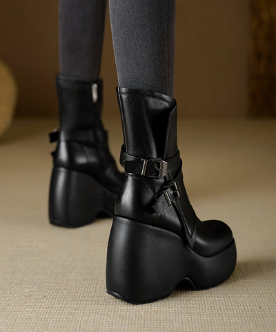Schicke Splicing Wedge Boots Schwarzes Rindsleder 