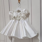 Lindo vestido de primera comunión con flores tridimensionales de satén blanco para niña, vestido de fiesta para niña pequeña 