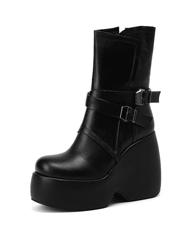 Schicke Splicing Wedge Boots Schwarzes Rindsleder 