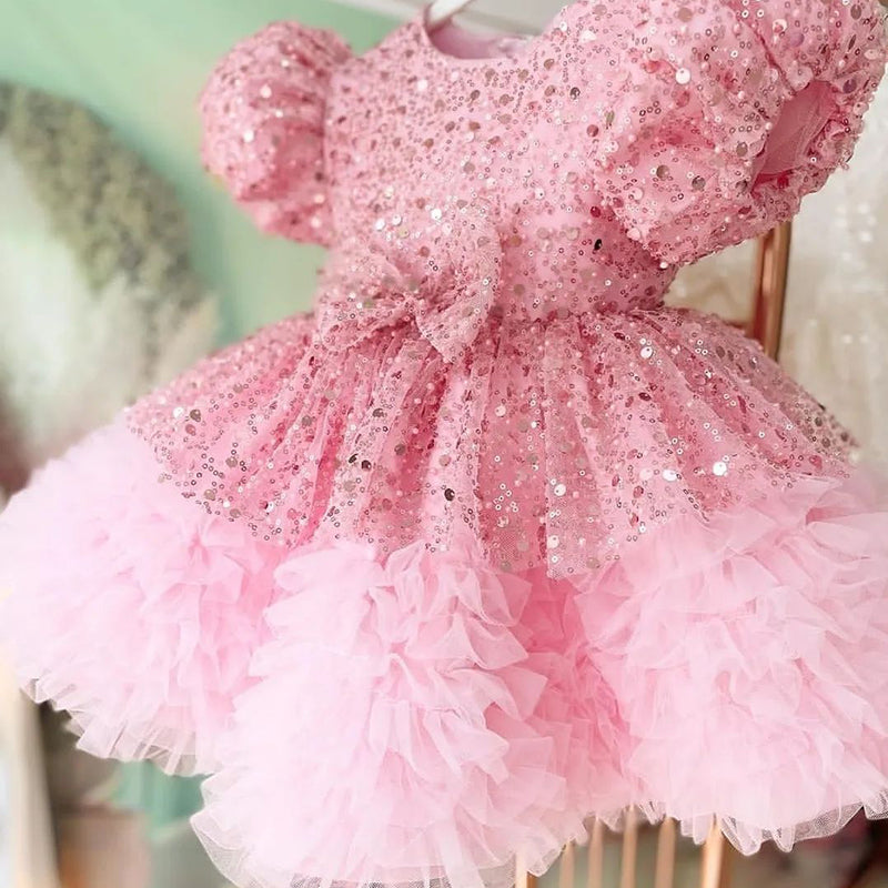 Niedliches Taufkleid für Babys und Kleinkinder, rosa Paillettenkleid für die Erstkommunion, Prinzessinnenkleid 