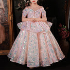 Blumenmädchenkleid, Kinderkommunionskleid, rosa Pailletten, bauschiges Prinzessinnenkleid 