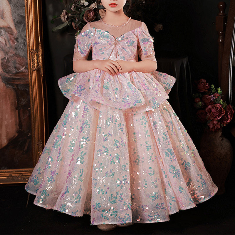 Blumenmädchenkleid, Kinderkommunionskleid, rosa Pailletten, bauschiges Prinzessinnenkleid 