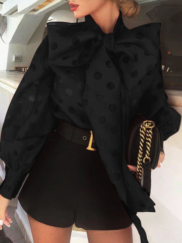 Loose Puff Sleeves Bowknot Pleated Polka-Dot See-Through Split-Joint High Neck Blouses&shirts Tops