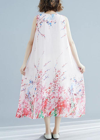 Vestidos maxi con estampado rojo, túnica sin mangas y cuello redondo francés 