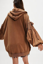 Oversized Lace Up Sleeve Zip Hoodie