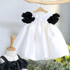 Elegante vestido de princesa con lazo en contraste de color blanco y negro para niñas pequeñas, vestido de comunión para niñas pequeñas 