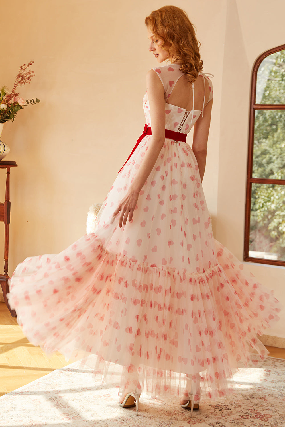 Vestido de fiesta largo estilo princesa, corte en A, escote corazón y lazo