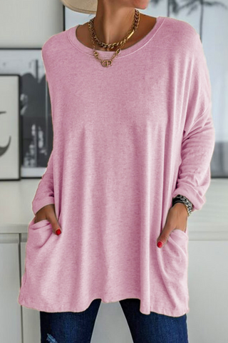 Tops casuales de cuello redondo con bolsillos y parches sólidos (13 colores) 