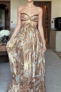 Sexy Strapless Floral Cut-out Satin Maxi Dress