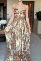 Sexy Strapless Floral Cut-out Satin Maxi Dress