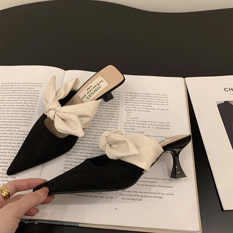 Zapatillas de verano estilo callejero con lazo para mujer, zapatos de mulas de punta puntiaguda a la moda, zapatos sexis para fiesta y graduación 