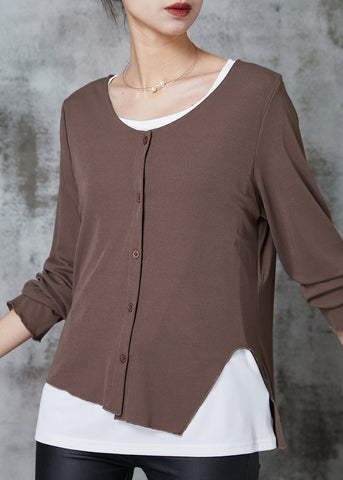Khaki Patchwork Baumwolle Gefälschte Zwei Stück Tops Asymmetrische 