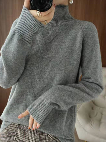 Casual Loose Long Sleeves Solid Color High-Neck Sweater Tops