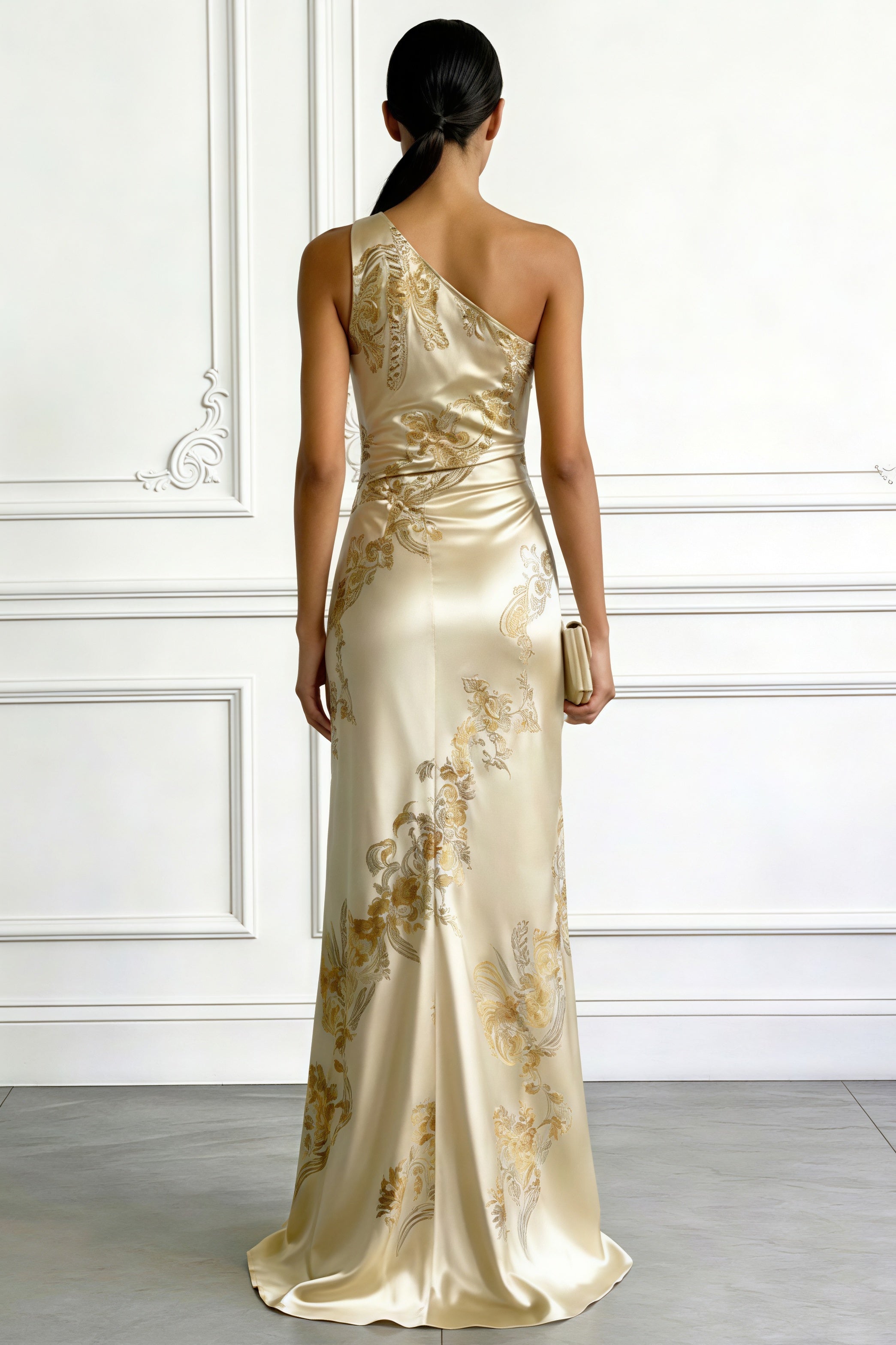 Elegant Off Shoulder Asymmetrical Neckline Print Slim Fit Maxi Dress