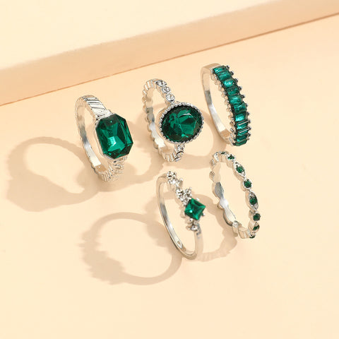 Imitation Smaragd Diamant Ring Set 5 Stück 