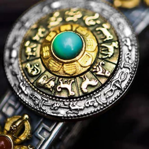 Sterling Silver Turquoise Red Agate Chinese Zodiac Vajra Bracelet