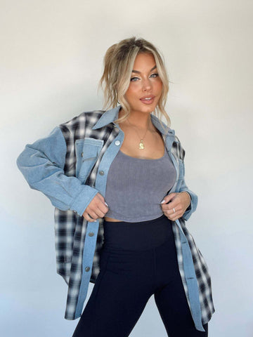 Herbst Winter Denim Nähte Plaid Mantel Lose Top Frauen 