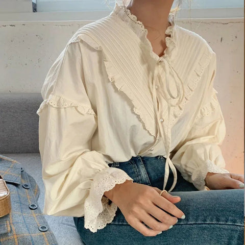 Lace Hollow-Out Long Sleeve Blouse
