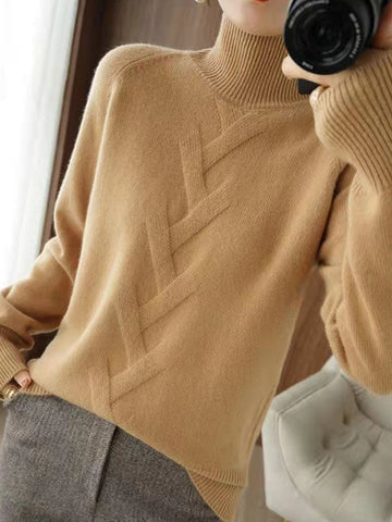 Casual Loose Long Sleeves Solid Color High-Neck Sweater Tops