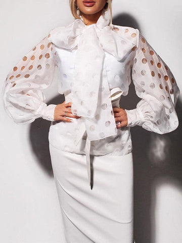 Loose Puff Sleeves Bowknot Pleated Polka-Dot See-Through Split-Joint High Neck Blouses&shirts Tops