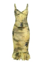 V Neck Ruched Ruffle Floral Print Midi Dress